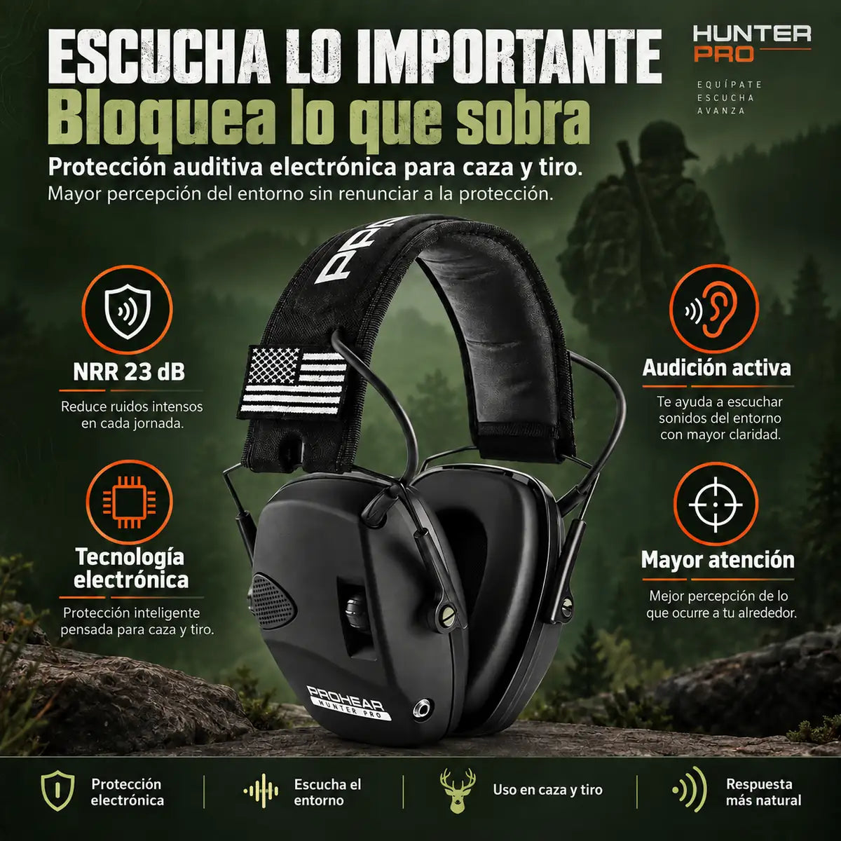 HUNTER PRO™ | Orejeras Electrónicas para Caza – NRR 23 dB