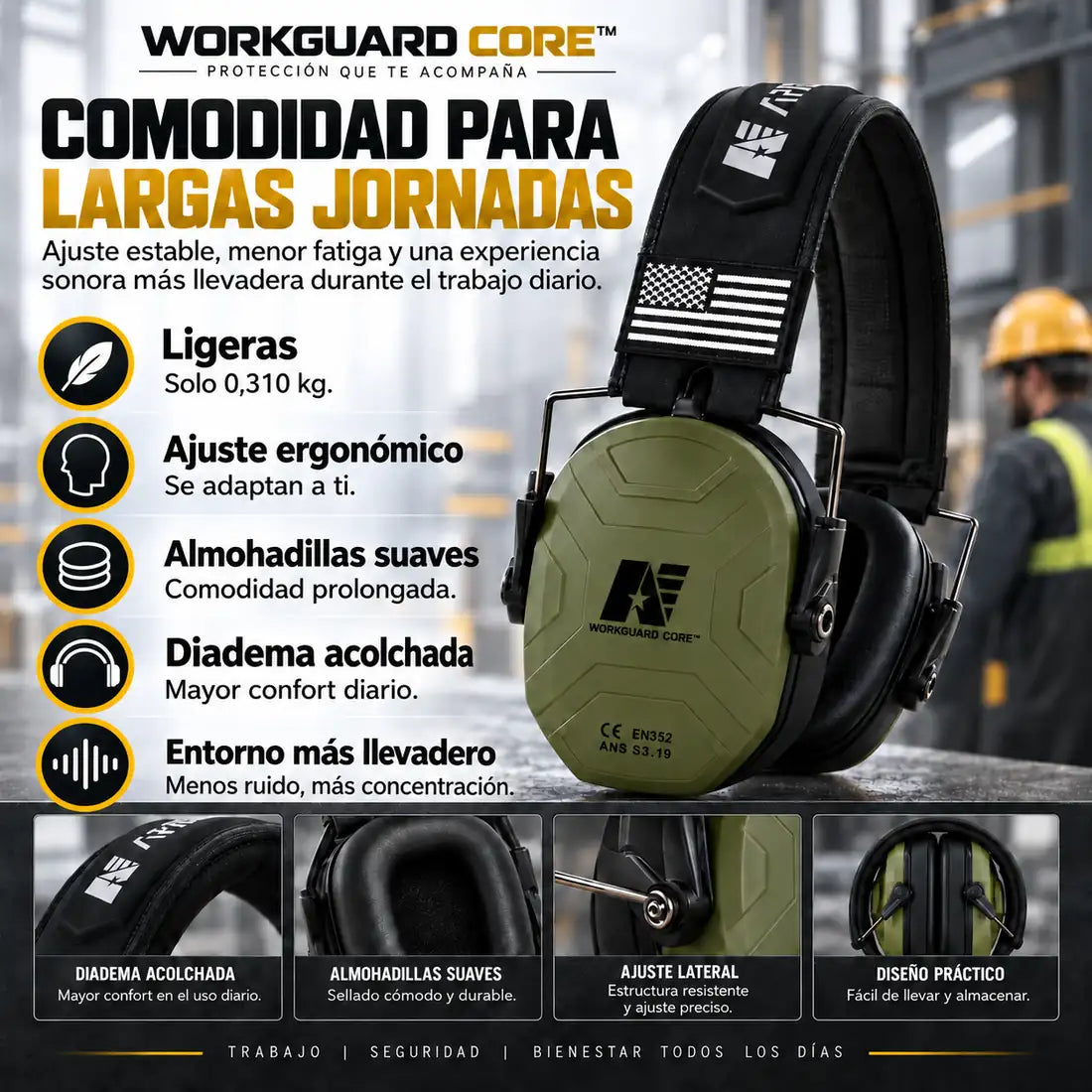 WORKGUARD CORE™ | Orejeras Antiruido Laboral – NRR 26 dB